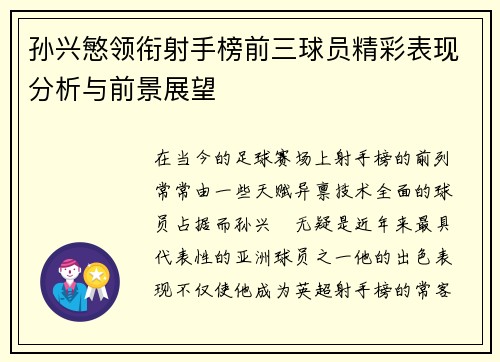 孙兴慜领衔射手榜前三球员精彩表现分析与前景展望